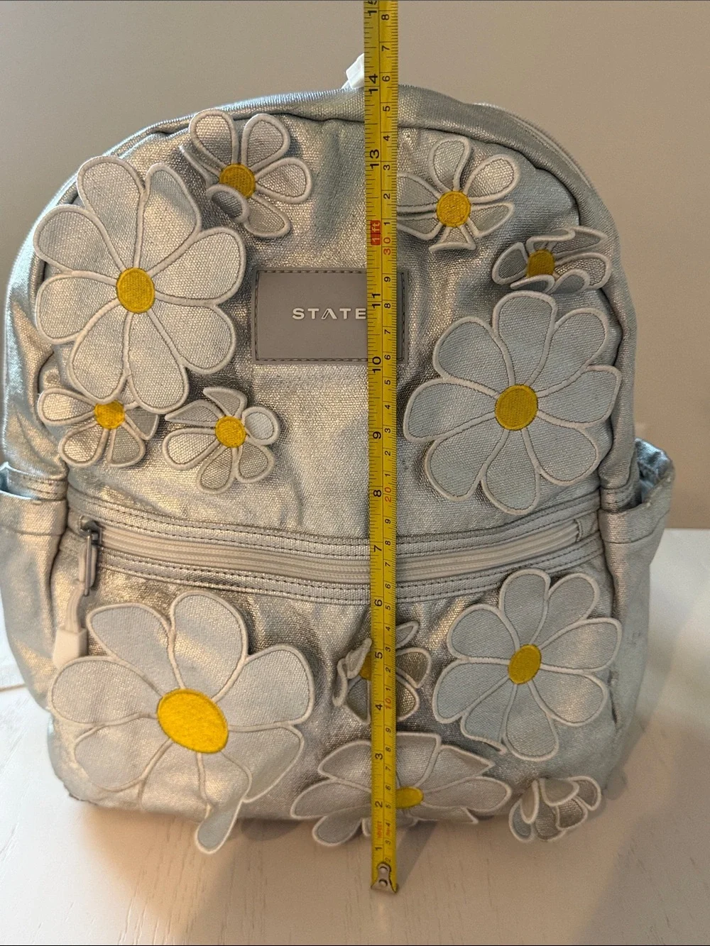 STATE Metallic Silver Daisy Patch Kane Kids Mini Backpack